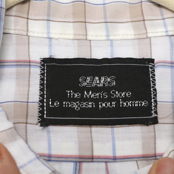 Vintage Sears The Men's Store Plaid Short Sleeve Button Down Shirt White Beige - Picture 6 of 12